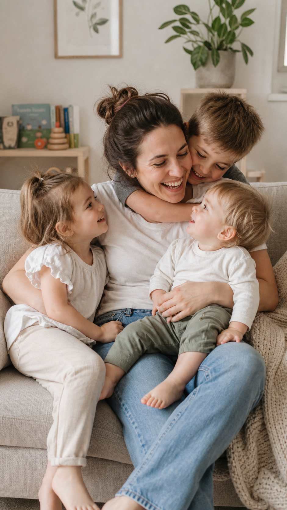 Marina laughing with her three kids on the couch at home
