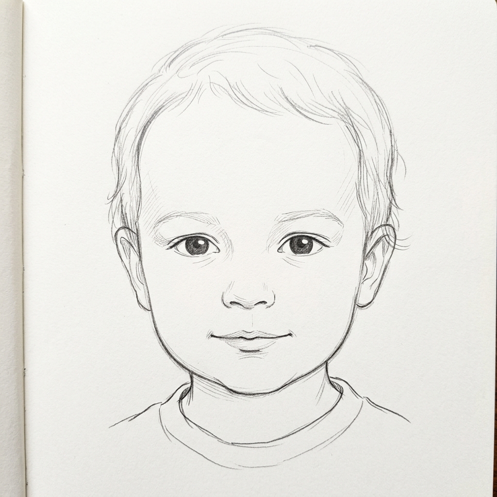 child face portrait drawing example with correct proportions