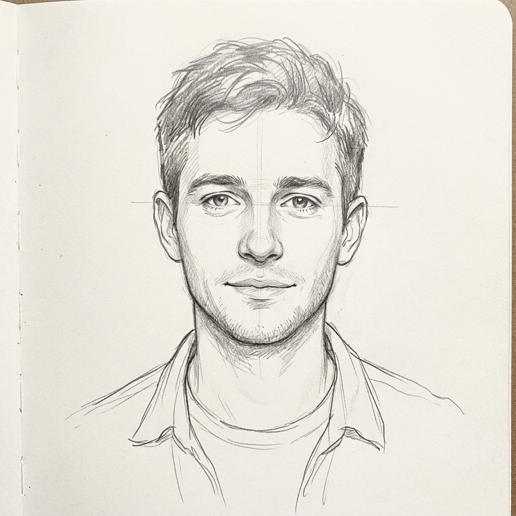 front facing male portrait drawing example with correct proportions