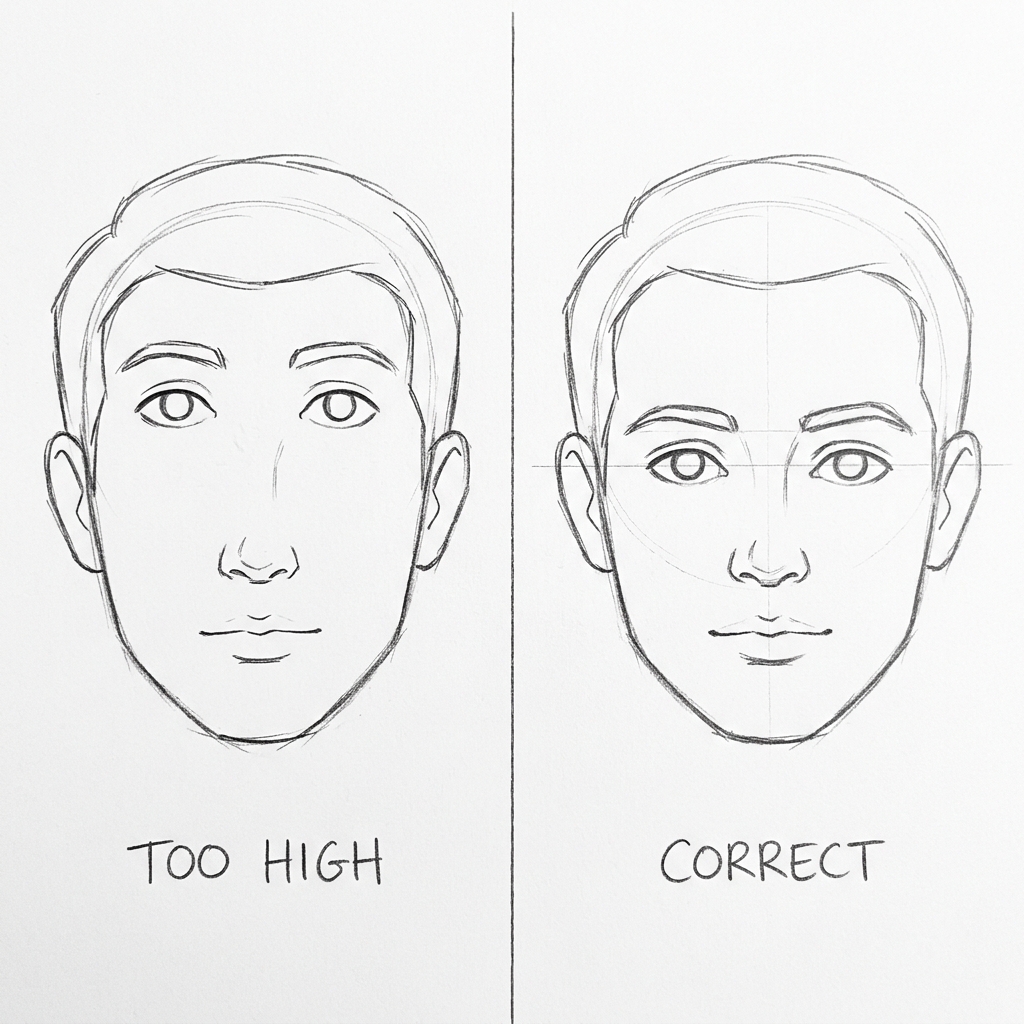 how to draw portraits eyes too high vs correct placement comparison