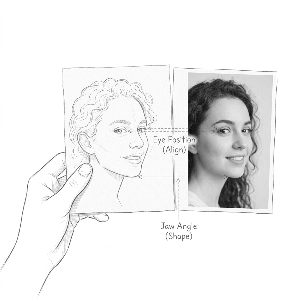 how to draw portraits comparing sketch to reference photo