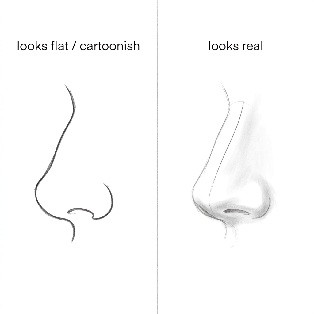 how to draw portraits nose outline vs shaded comparison