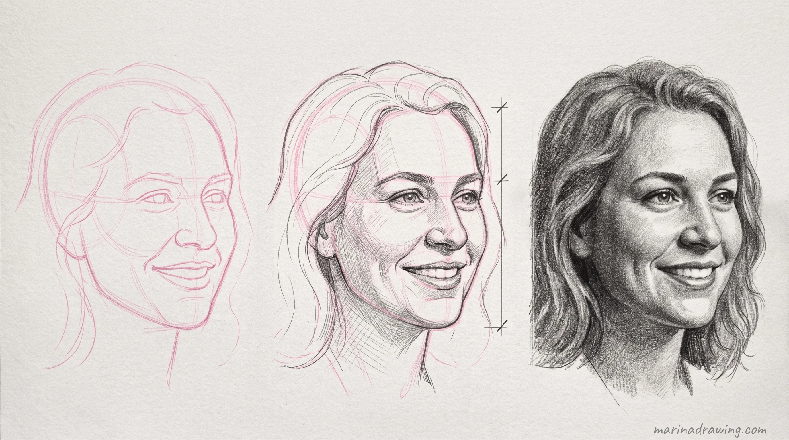 three quarter head compared to reference step by step drawing