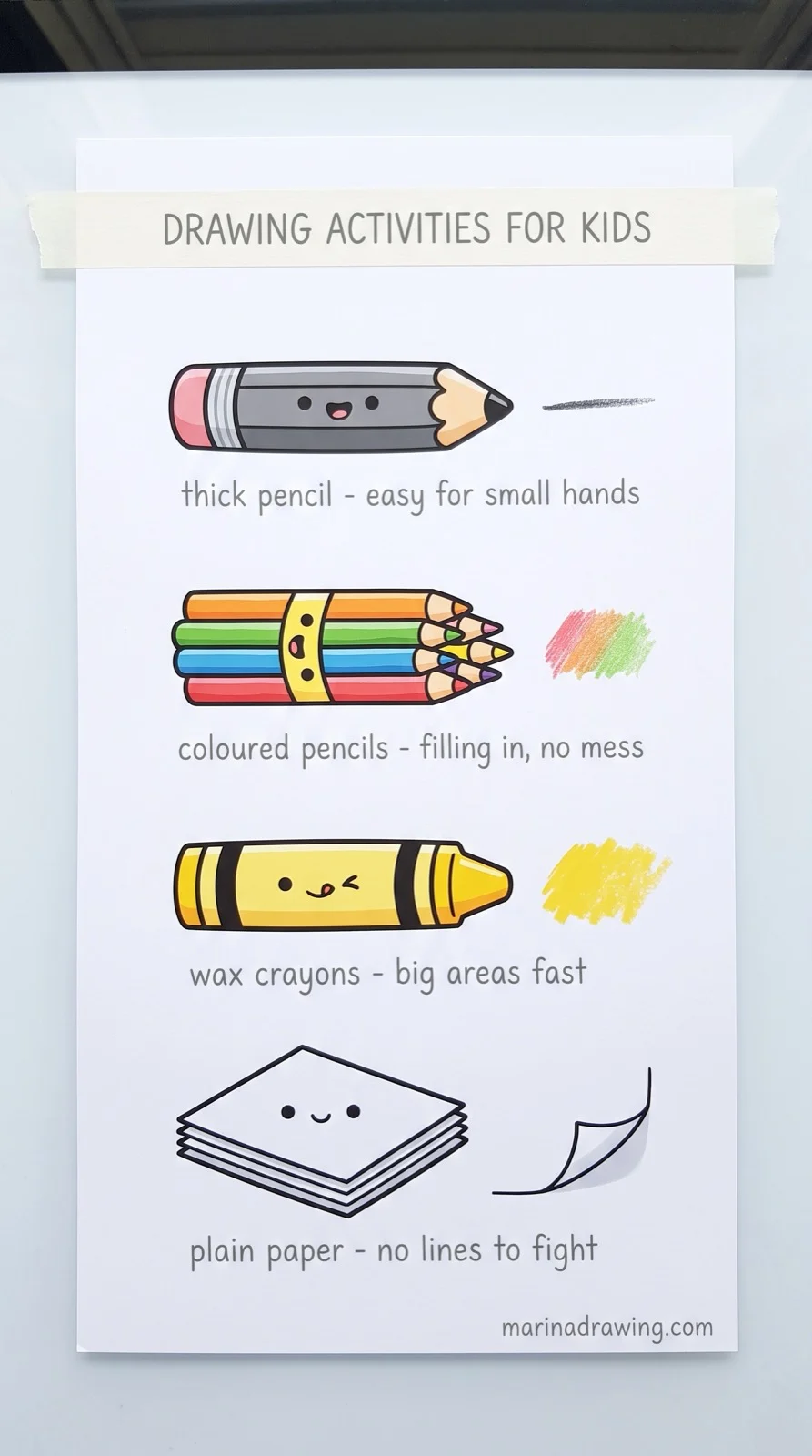Drawing activities for kids — thick pencil, coloured pencils, wax crayons and plain paper, step by step drawing