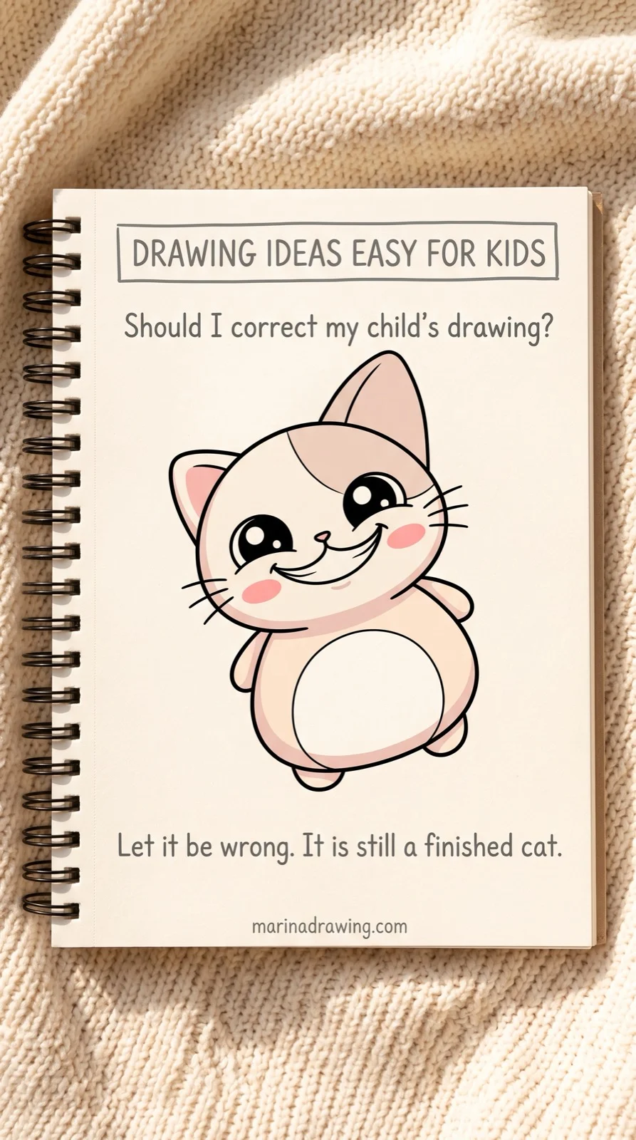 Drawing ideas easy for kids — a lopsided cat left uncorrected and still finished, step by step drawing
