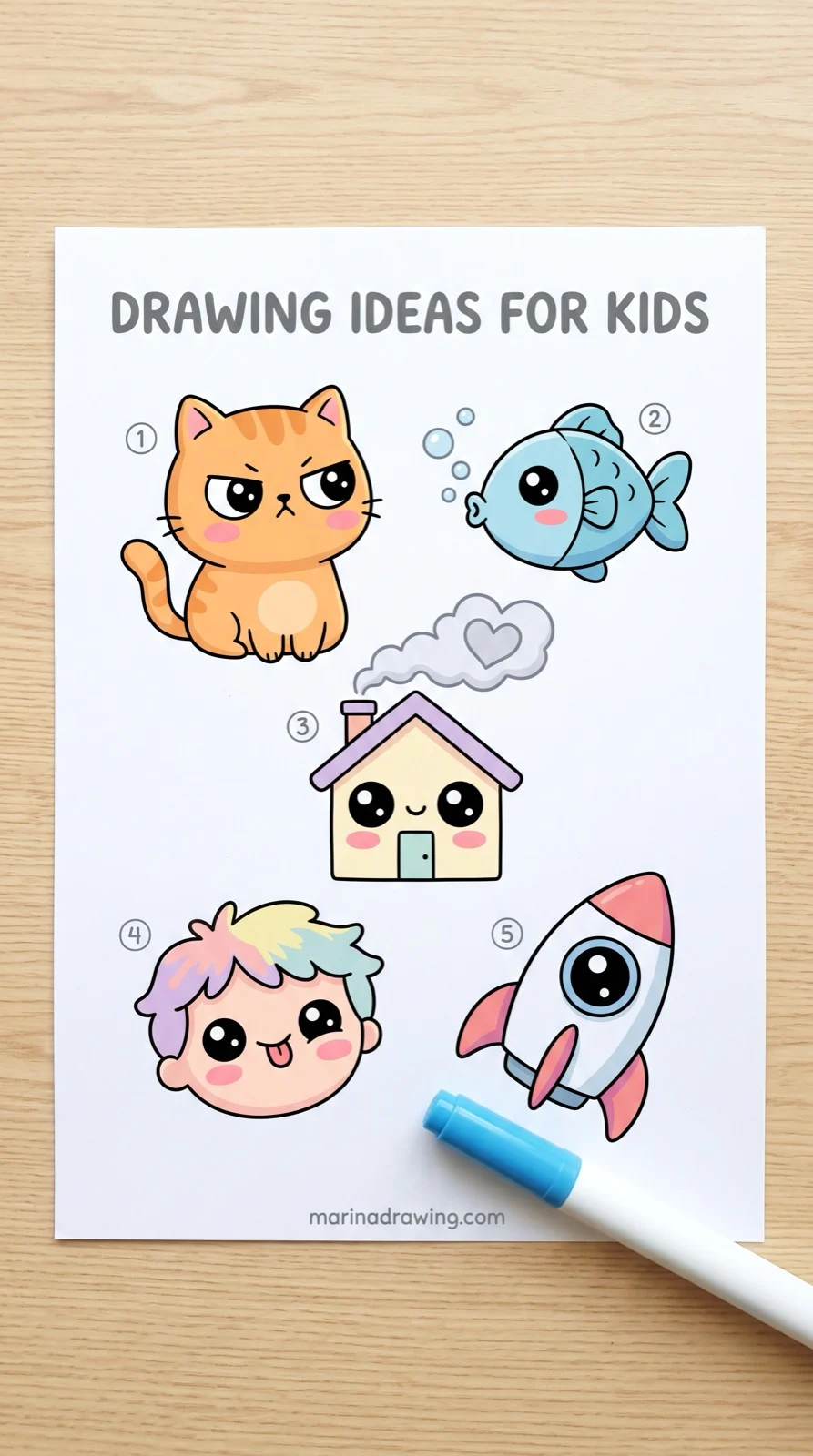 Drawing ideas for kids — five subjects on one sheet: cat, fish, house, face and rocket, step by step drawing
