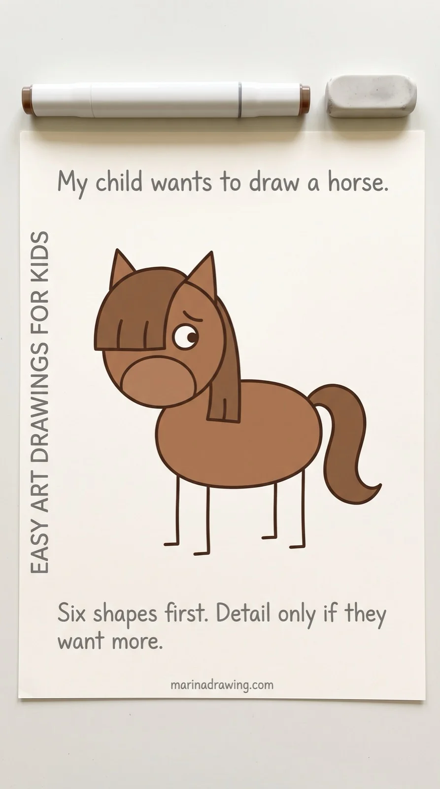 Easy art drawings for kids — a six-shape horse with a simple mane instead of a detailed one, step by step drawing