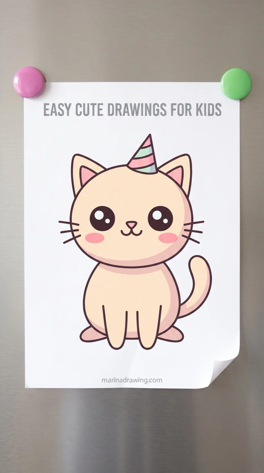 Easy cute drawings for kids — a finished cat drawing pinned to the fridge after one sitting, step by step drawing