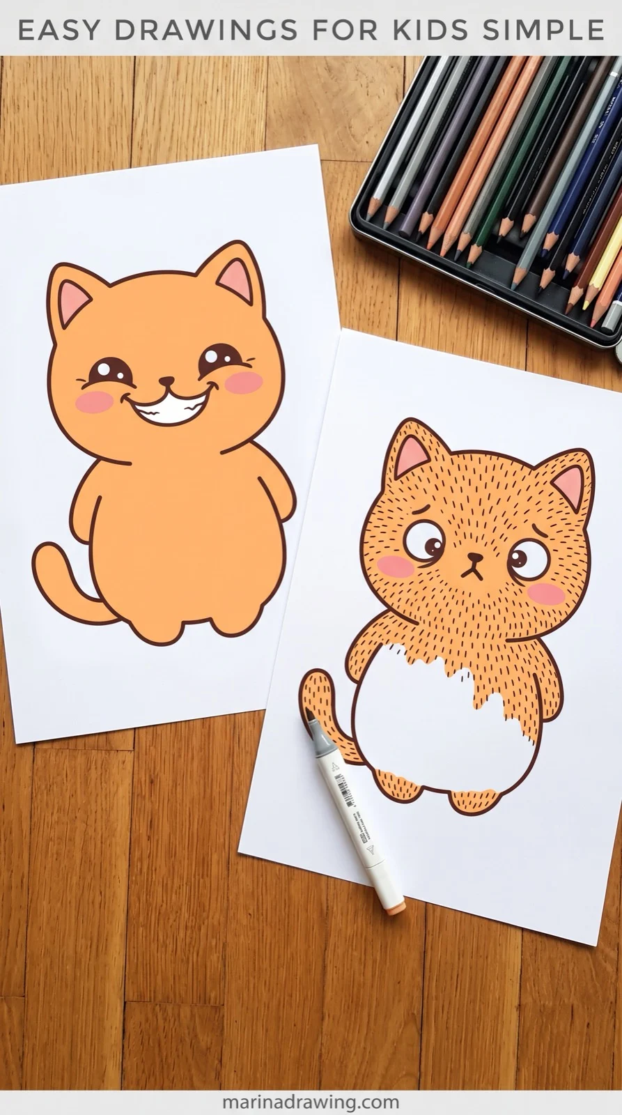 Easy drawings for kids simple — a finished six-shape cat next to an abandoned cat with drawn-in fur, step by step drawing