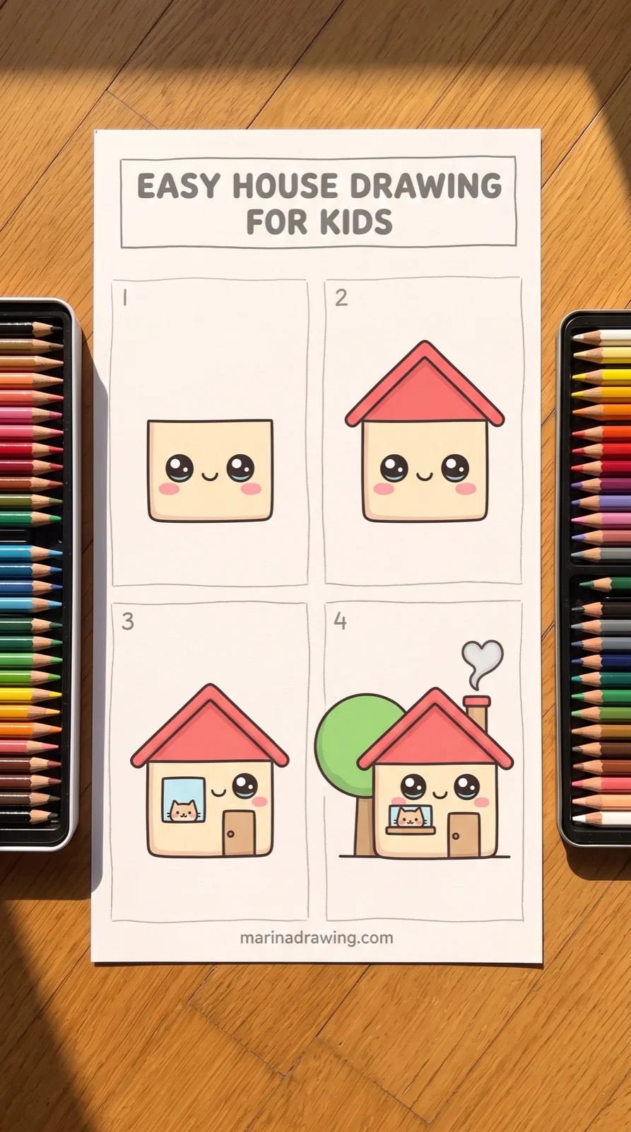Easy house drawing for kids — four steps from square to house with roof, tree and smoke, step by step drawing