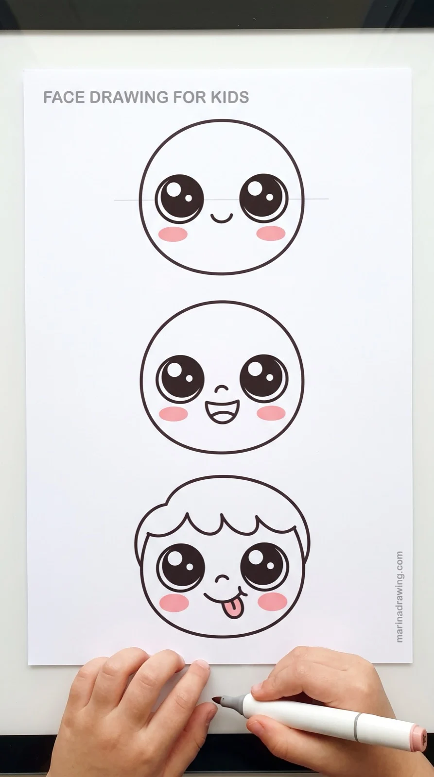 Face drawing for kids — three steps from circle to a finished face with hair, step by step drawing