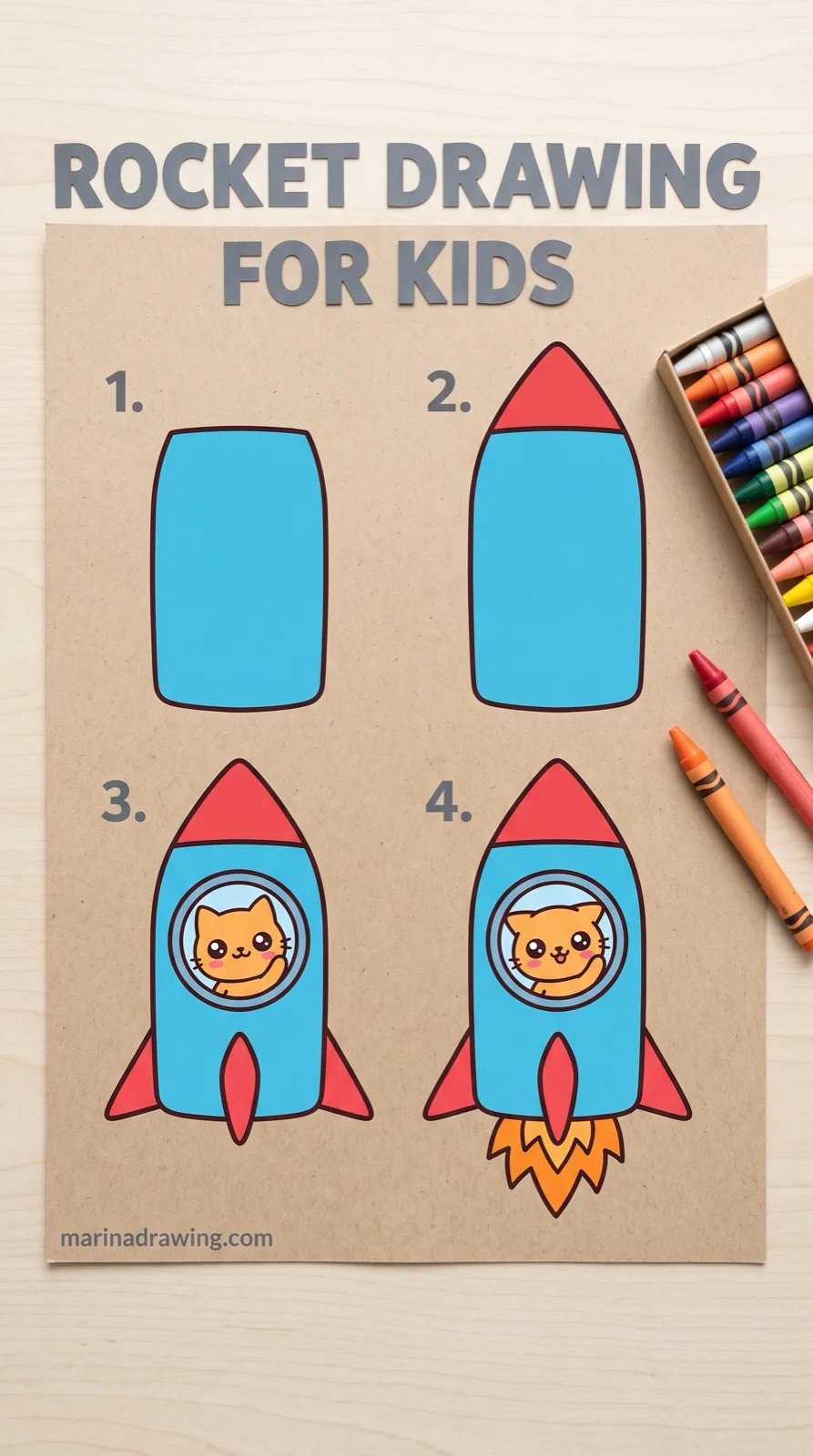 Rocket drawing for kids — four steps from rectangle to a finished rocket with flame, step by step drawing