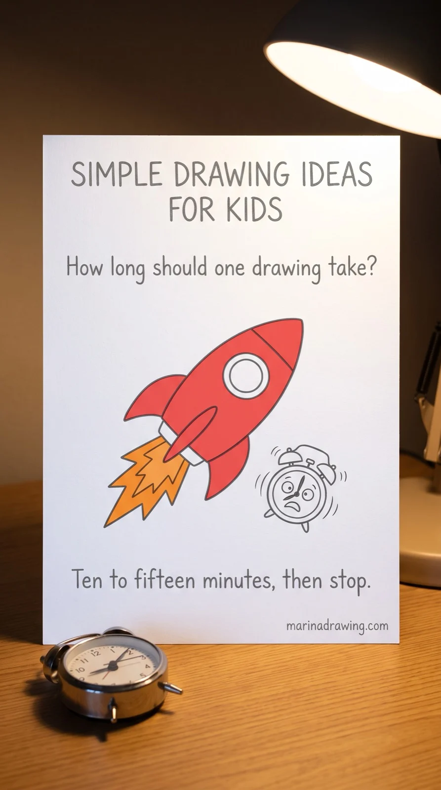 Simple drawing ideas for kids — a rocket drawn in ten to fifteen minutes before attention runs out, step by step drawing