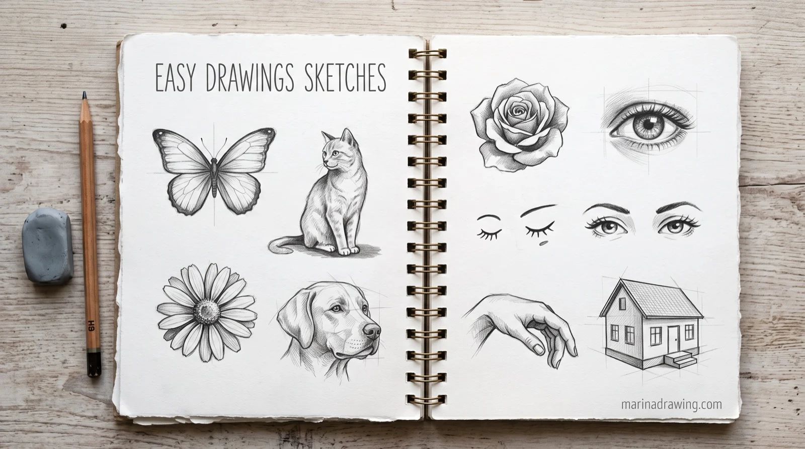 easy drawings sketches nine finished pencil subjects across an open sketchbook spread step by step drawing