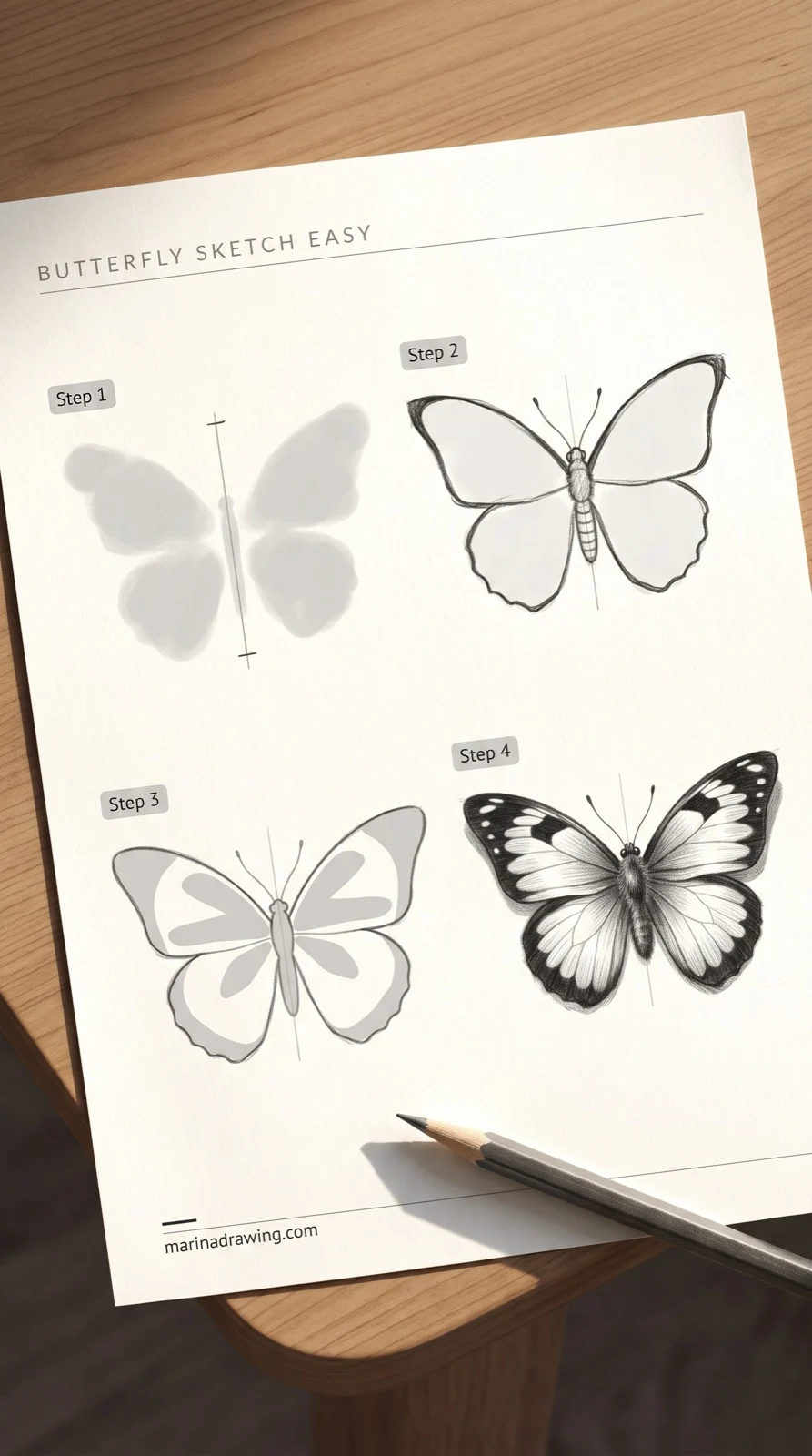 butterfly sketch easy centre line then both wings in four panels step by step drawing