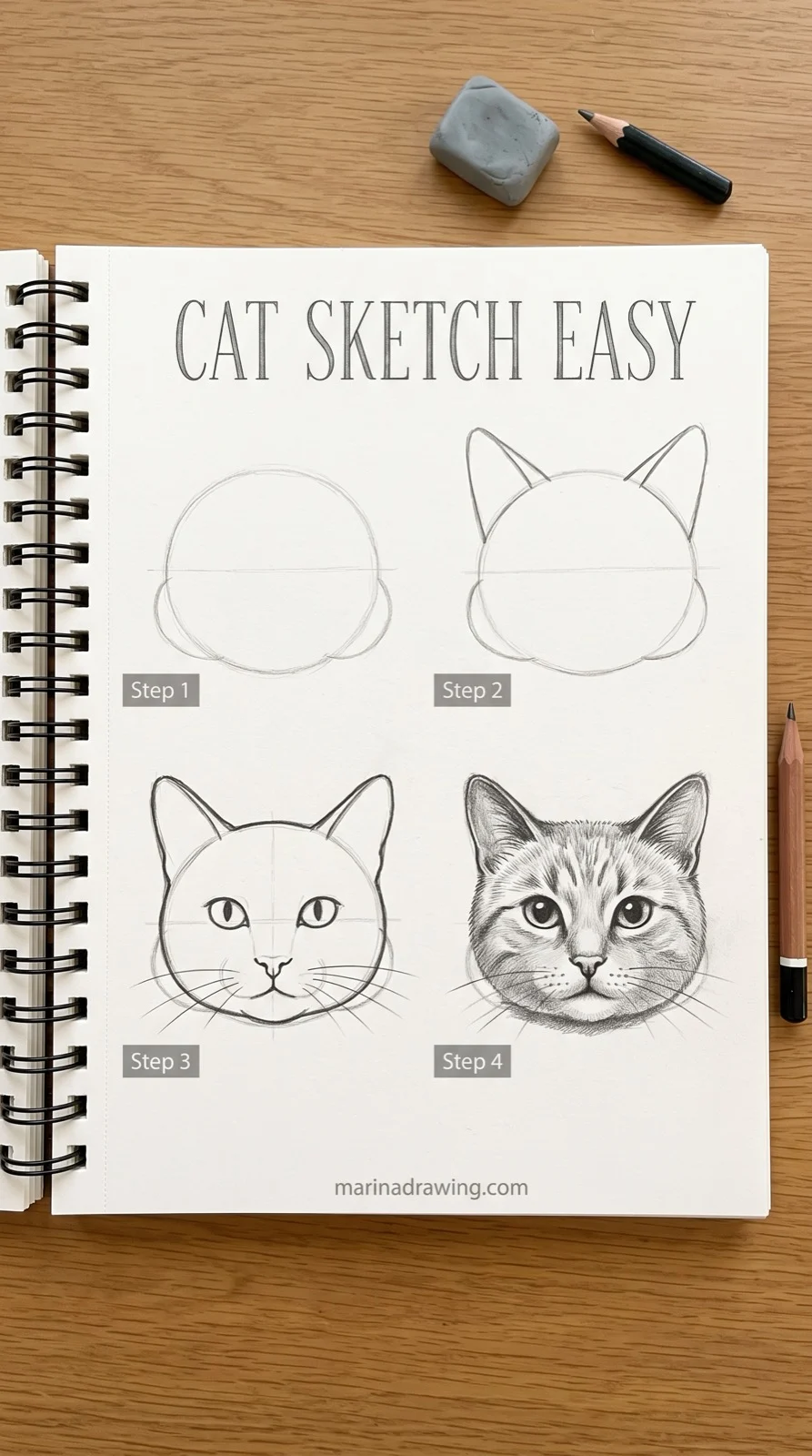 cat sketch easy circle cheeks and two triangle ears in four panels step by step drawing
