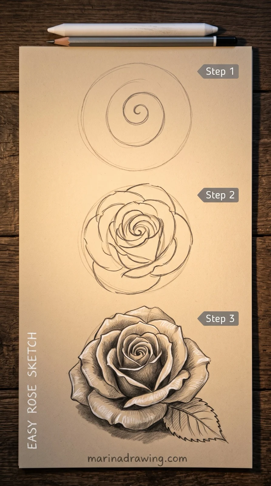easy rose sketch spiral first then petals around it on toned paper step by step drawing