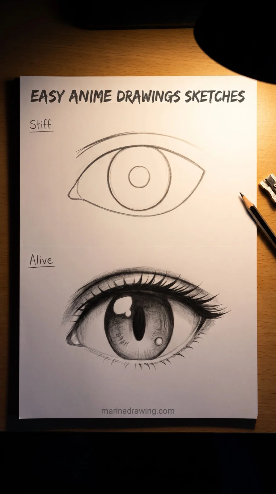 easy anime drawings sketches stiff eye next to a living one under lamp light step by step drawing