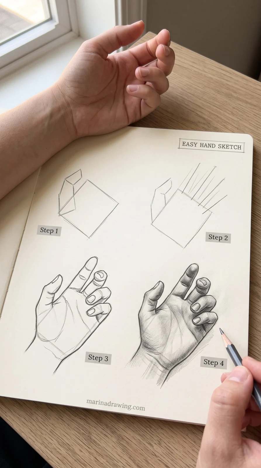 easy hand sketch palm box first then fingers in four panels step by step drawing