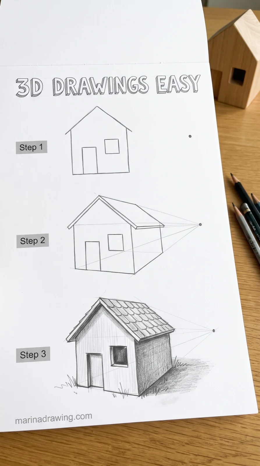 3d drawings easy one vanishing point turning a flat house into a solid step by step drawing