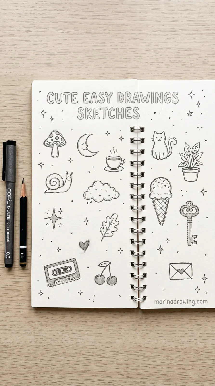 cute easy drawings sketches doodle spread of small subjects in a spiral sketchbook step by step drawing