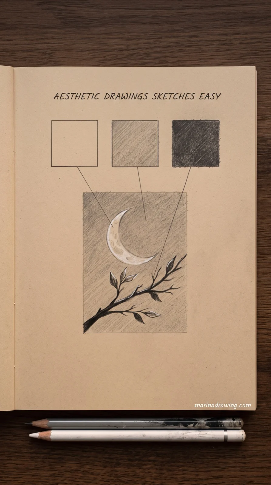 aesthetic drawings sketches easy three tone scale applied to a moon and branch step by step drawing