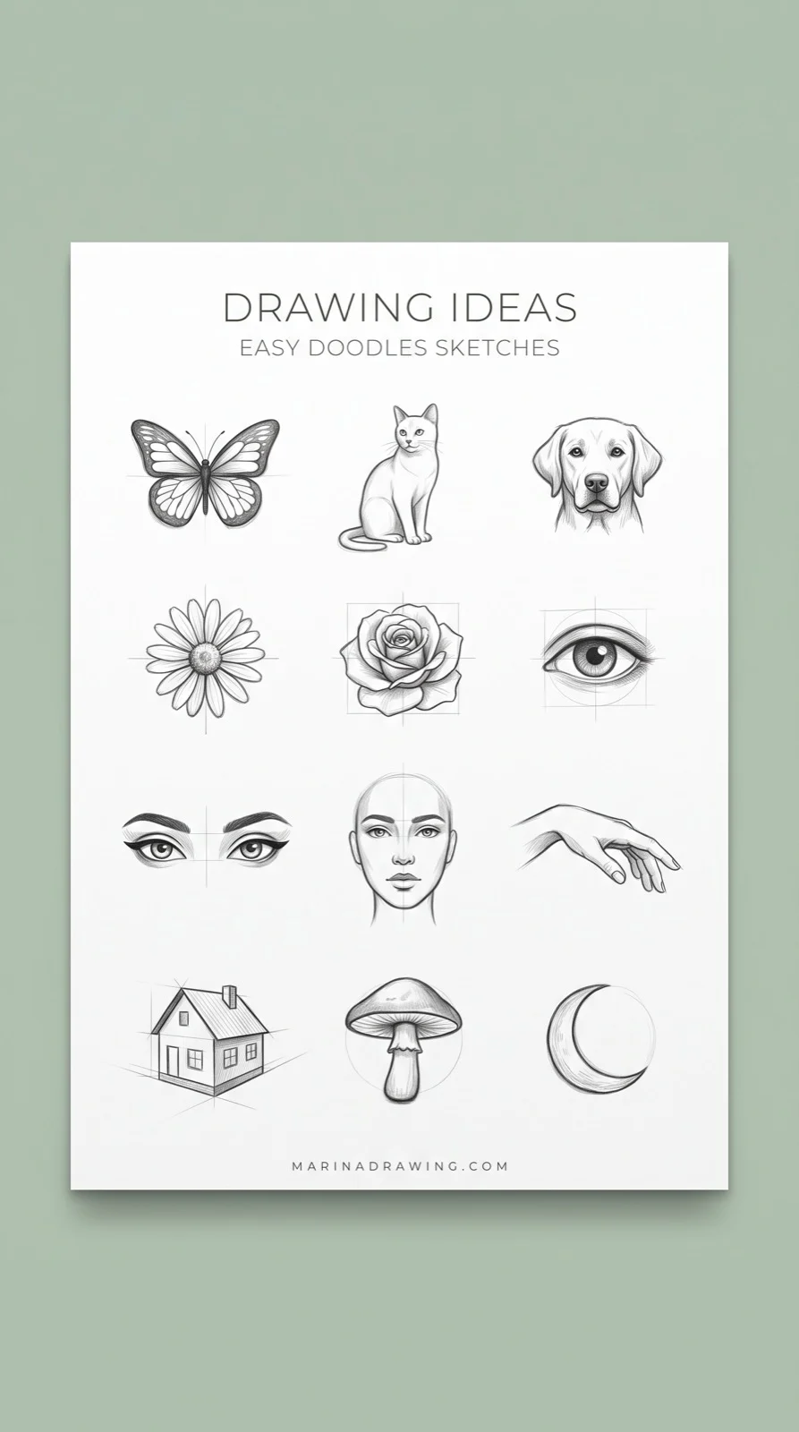 drawing ideas easy doodles sketches twelve small subjects laid out on a sage background step by step drawing