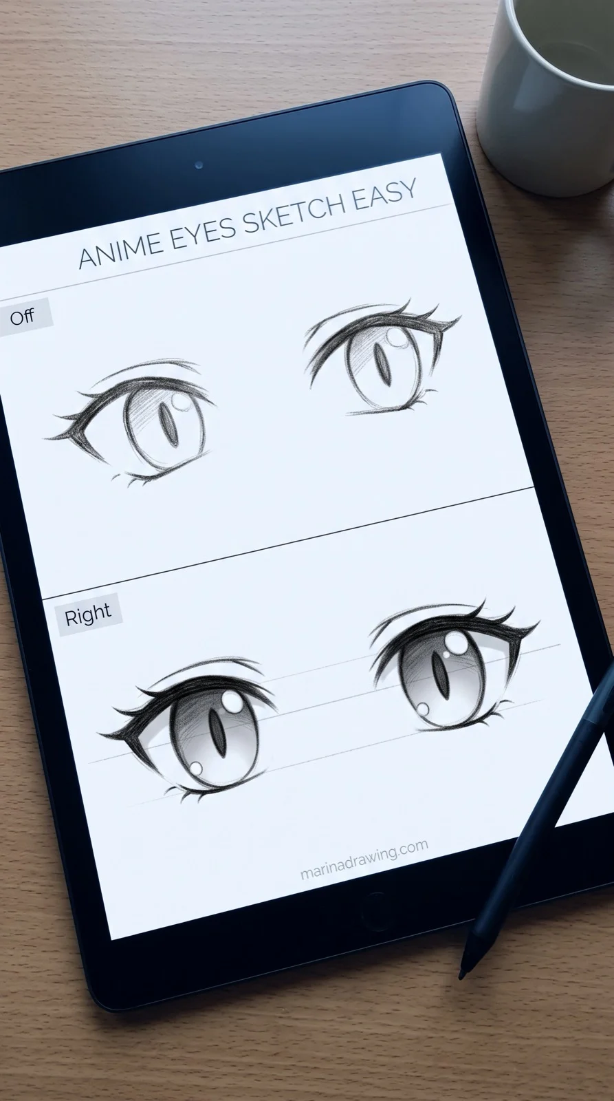 anime eyes sketch easy off version above the right version on a tablet step by step drawing