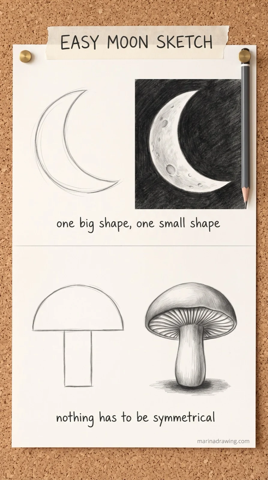 easy moon sketch crescent and mushroom showing one big shape and one small shape step by step drawing