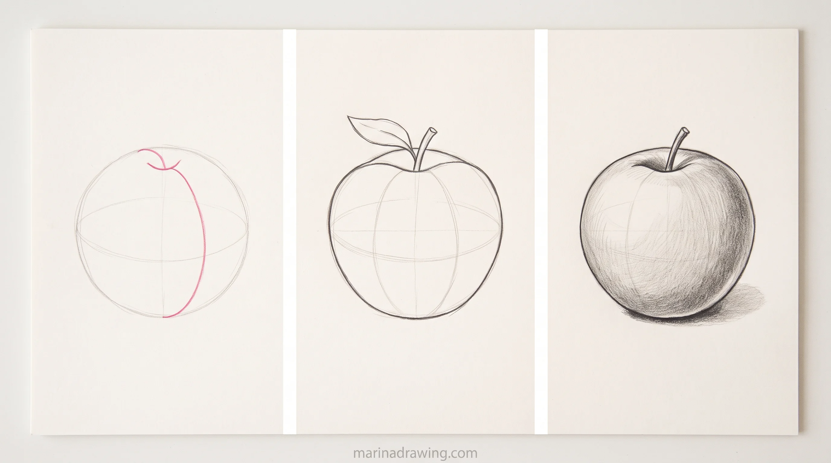 Easy apple drawing for beginners in three panels from sphere to full tone, step by step drawing