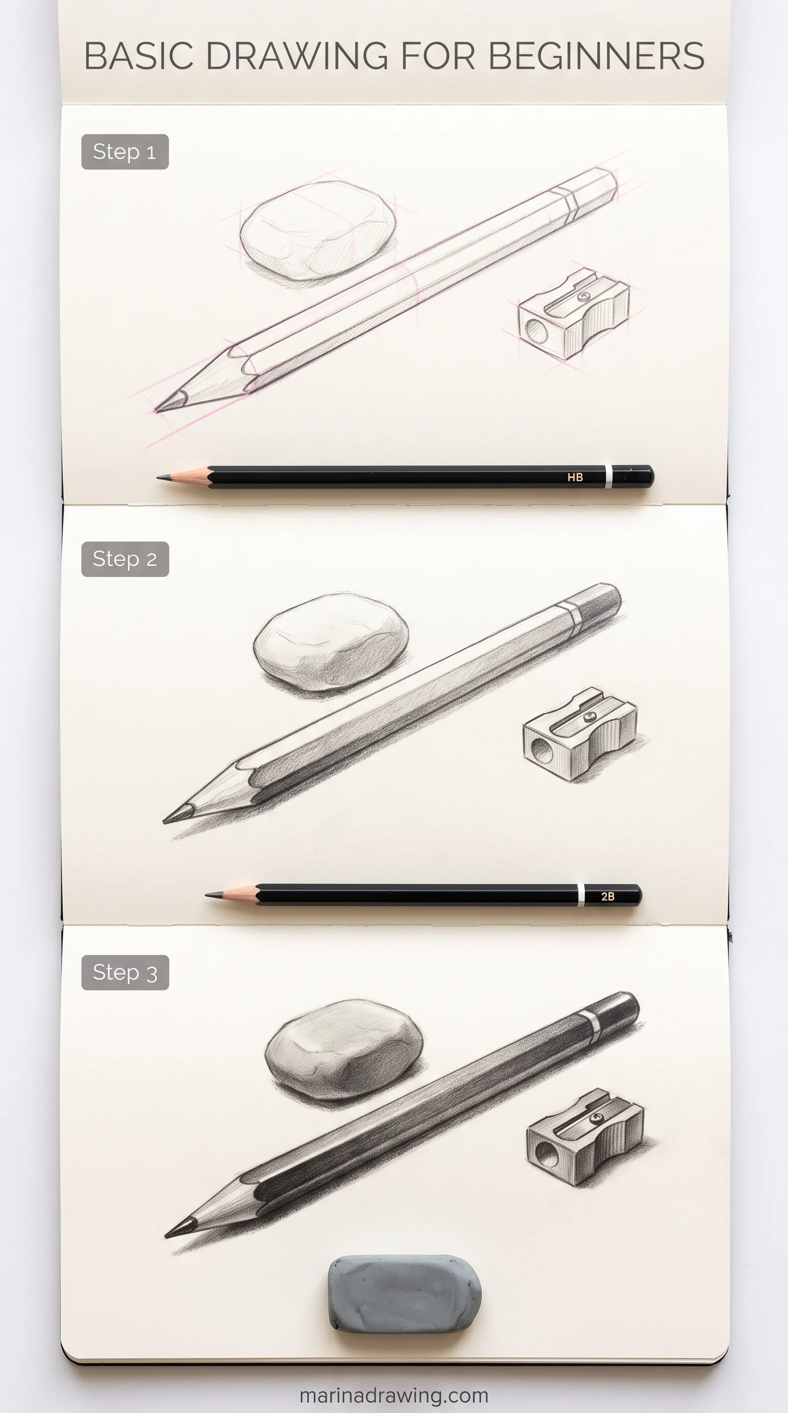 Basic drawing for beginners: pencil, kneaded eraser and sharpener drawn in three stages, step by step drawing