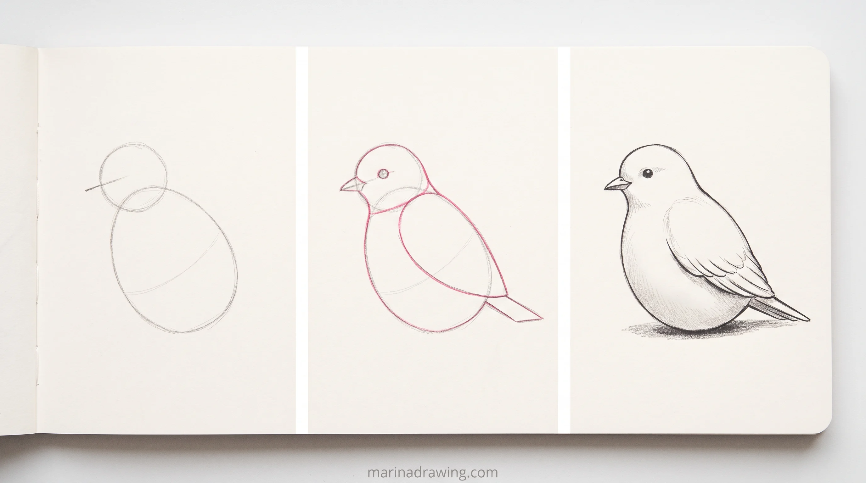 Easy bird drawing for beginners in three panels from two ovals to soft tone, step by step drawing