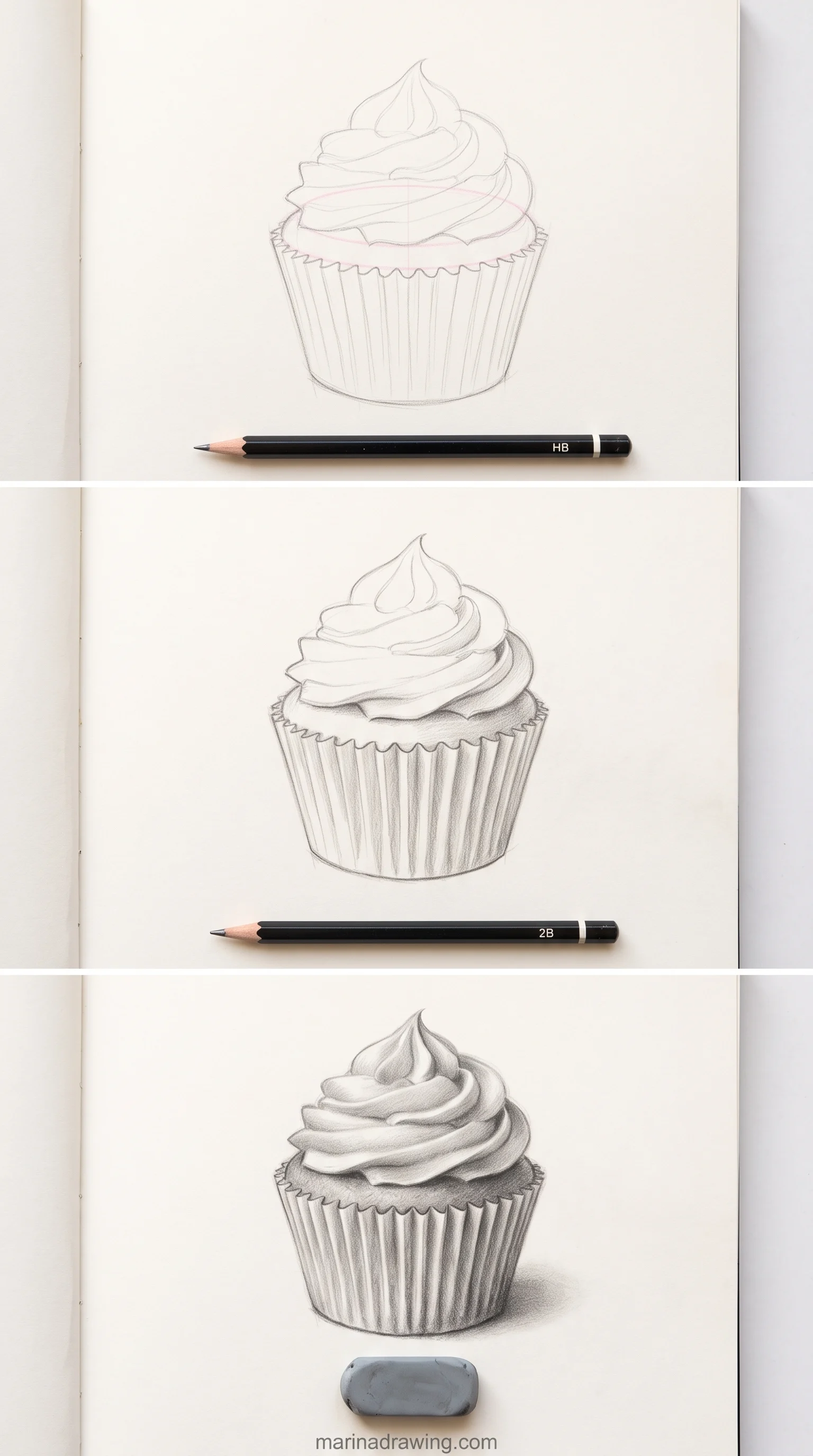 Easy cupcake drawing for beginners on a sketchbook page in three panels, step by step drawing