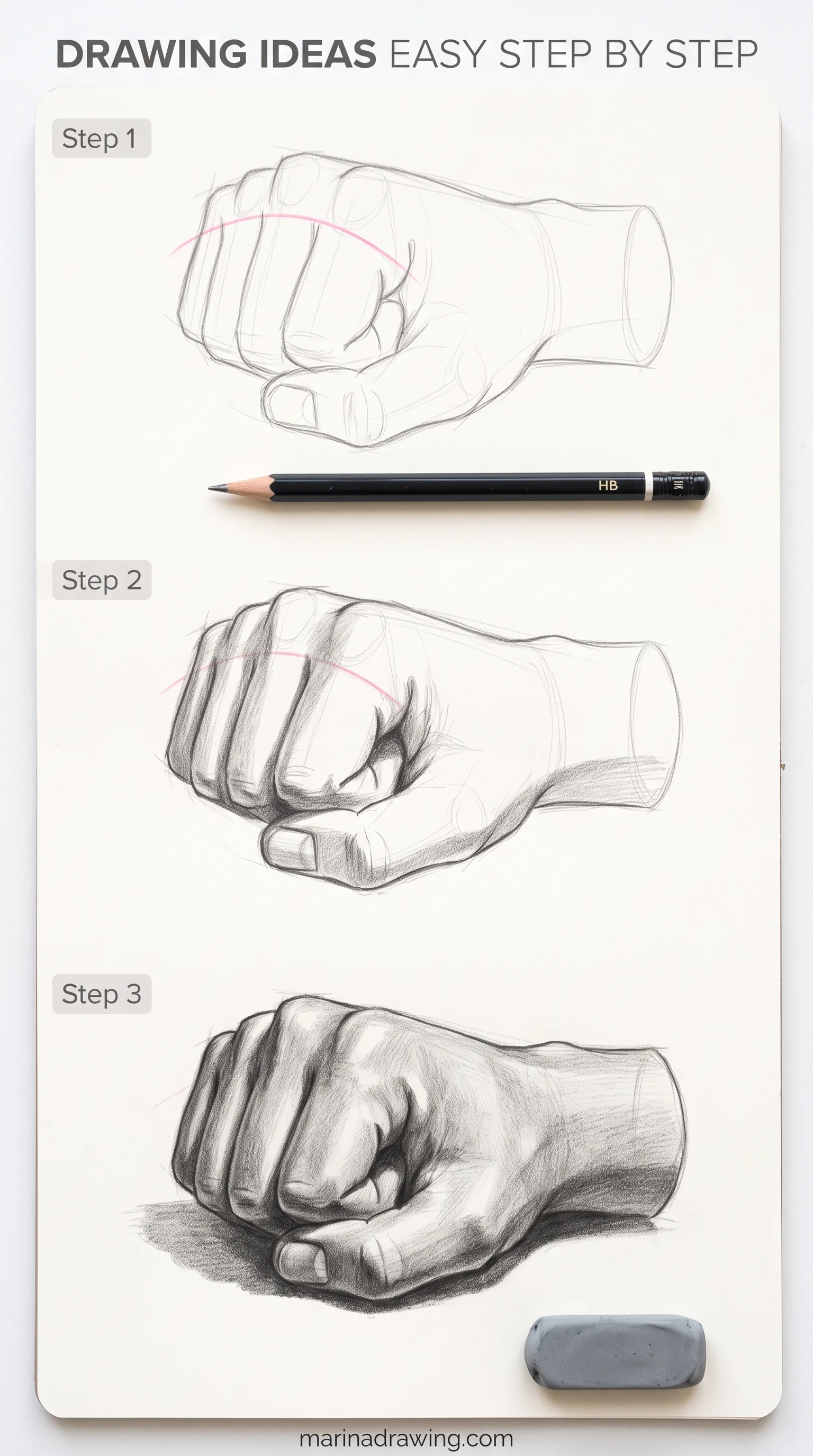 Drawing ideas easy step by step: a closed fist drawn as one block before the fingers, step by step drawing