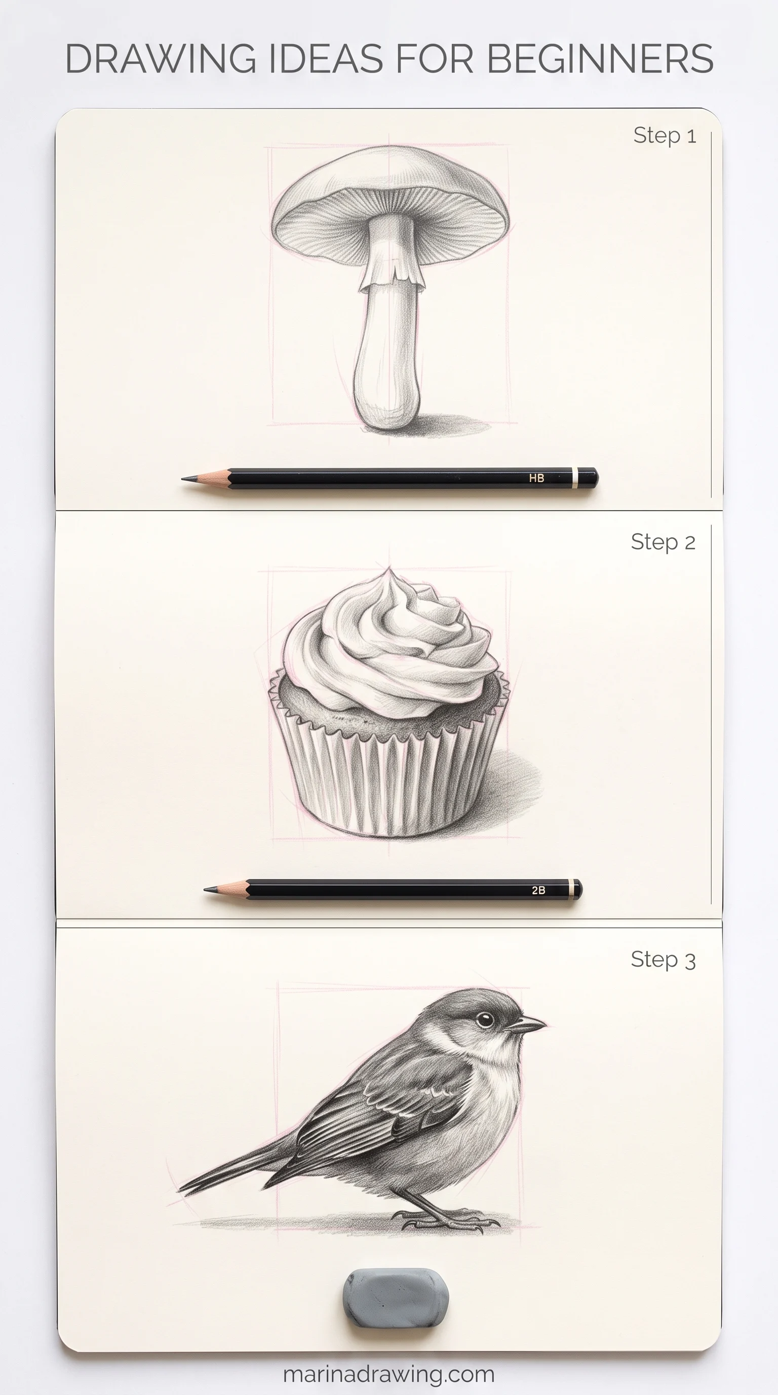 Drawing ideas for beginners: mushroom, cupcake and bird finished in graphite, step by step drawing