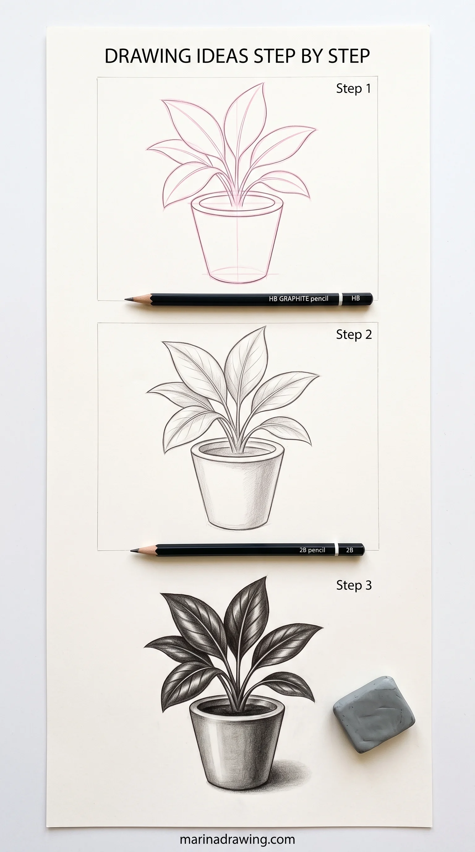 Drawing ideas step by step: a houseplant in a pot with each leaf built on its own axis, step by step drawing
