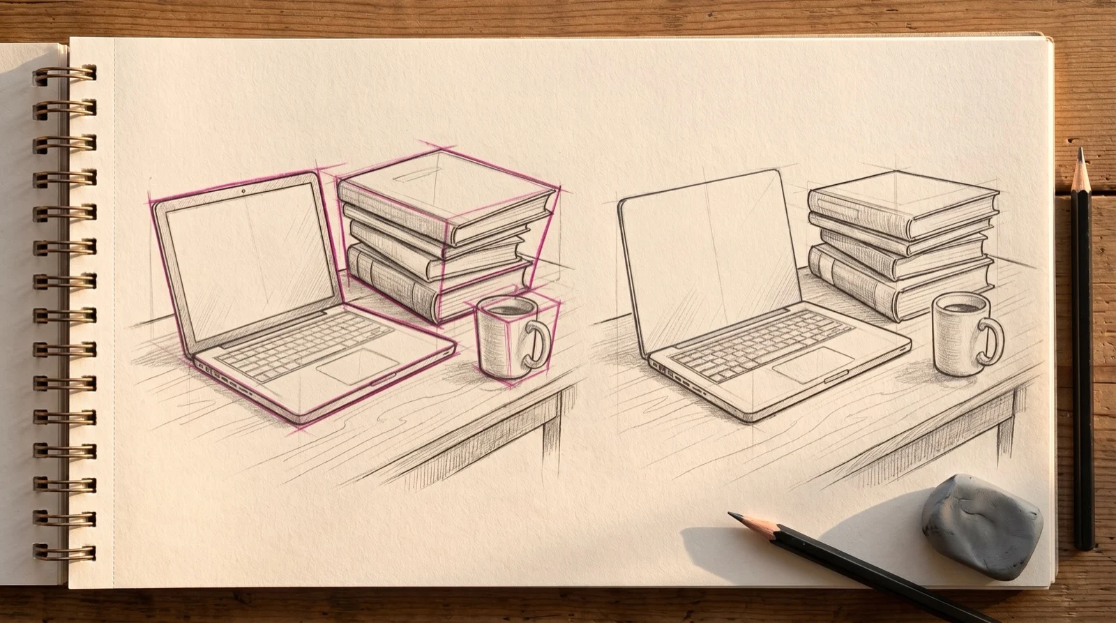 Box practice on a laptop books and mug still life with the pink block construction drawn over the left version and the finished drawing beside it step by step drawing