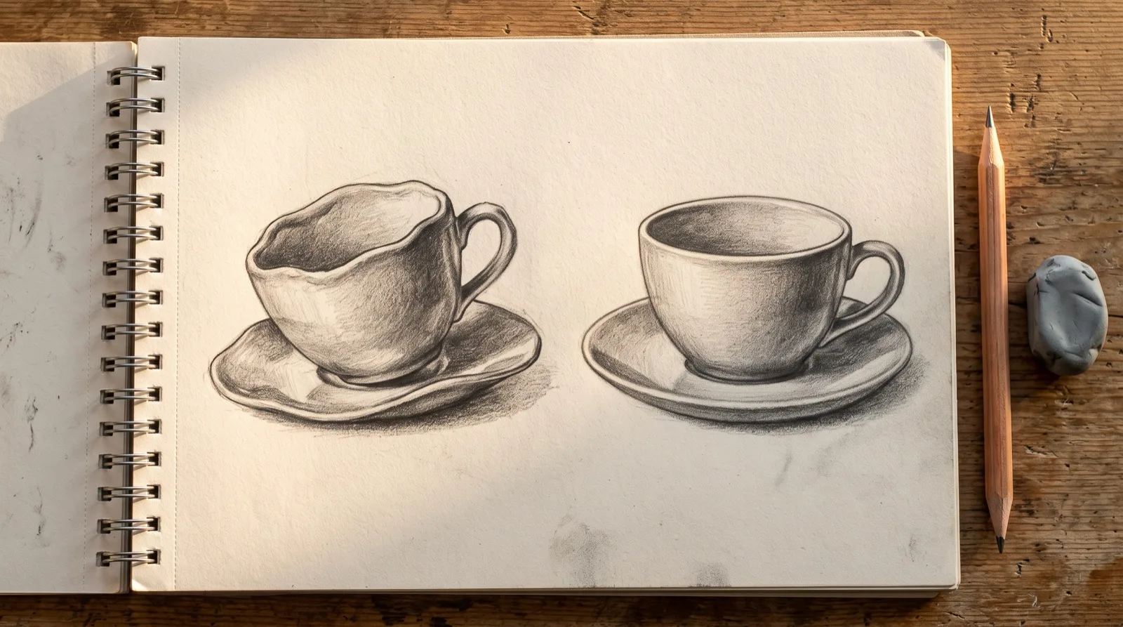 Circle consistency practice on a teacup, the left cup drawn from a lumpy rim and the right one from an even closed curve step by step drawing