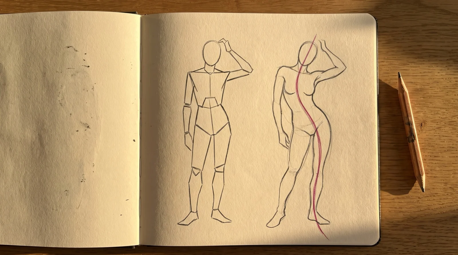 Gesture practice comparing a stiff wooden mannequin pose with the same pose drawn over a flowing pink line of action step by step drawing