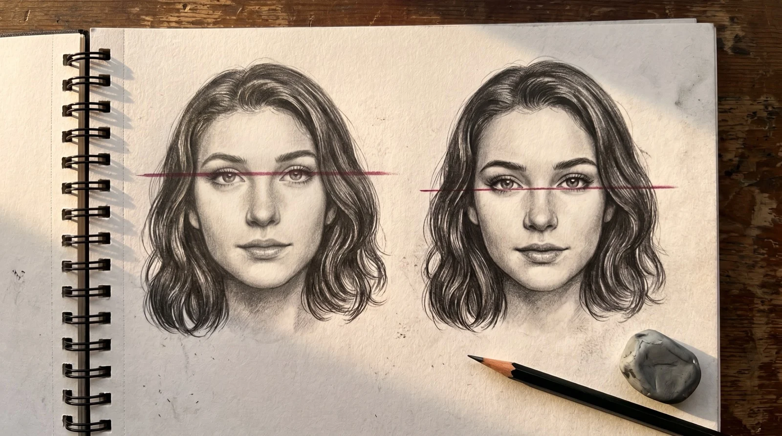 Head proportion practice with the same graphite portrait drawn twice, the eye line set too high marked in pink beside the correct halfway eye line step by step drawing