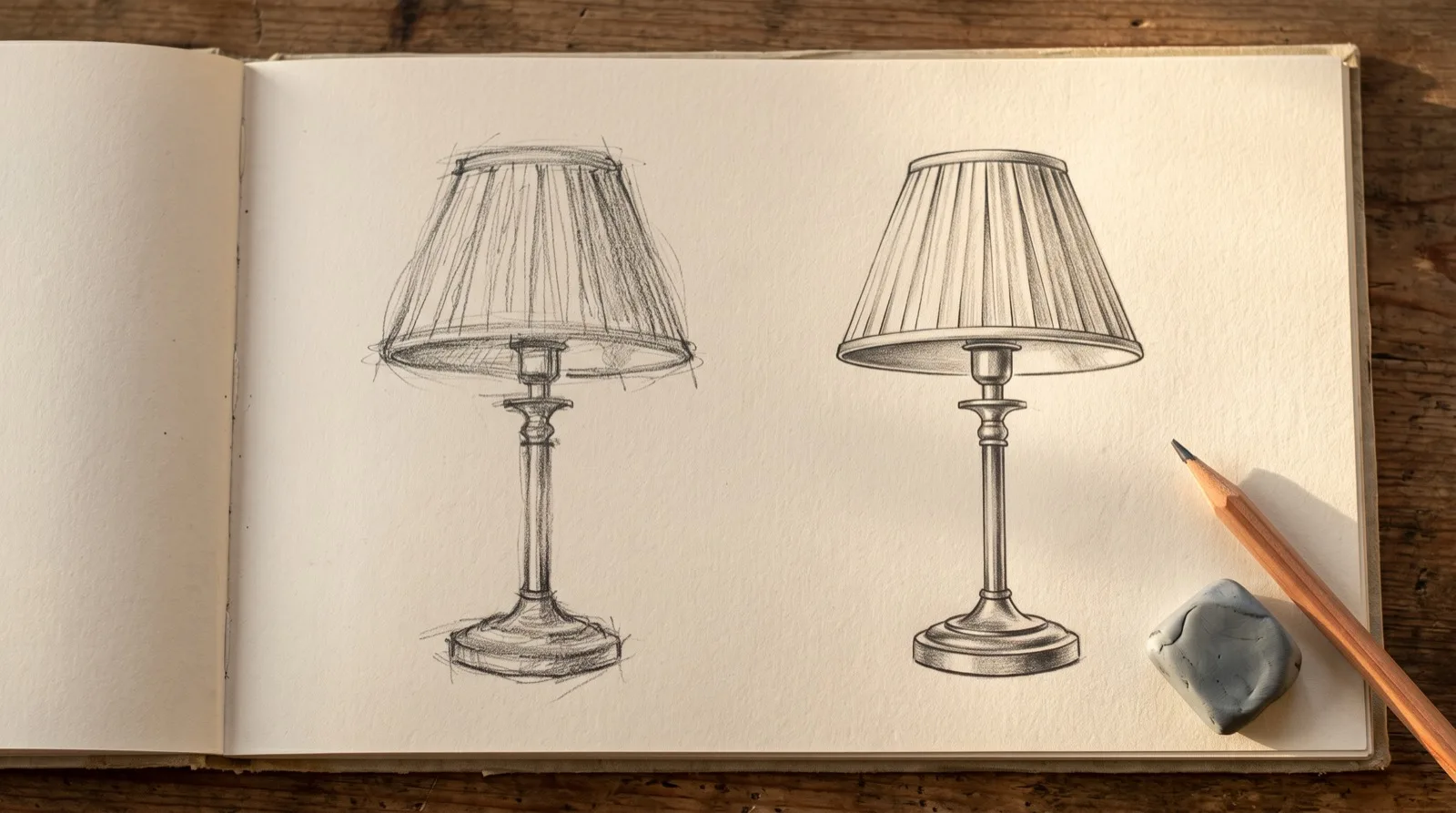 Line practice on a table lamp, the left sketch built from hairy corrected strokes and the right one from single clean lines step by step drawing