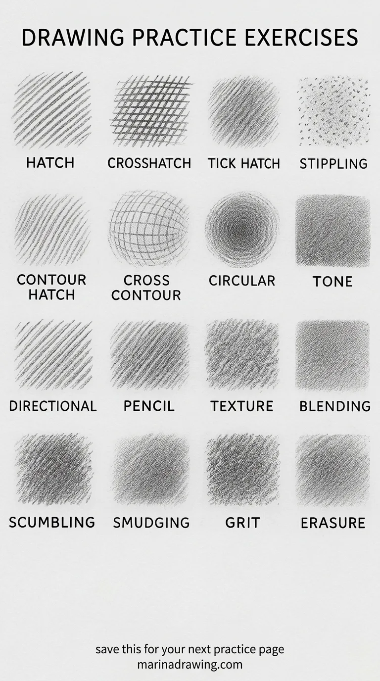Drawing practice exercises sheet of sixteen graphite mark making swatches from hatching to erasure step by step drawing