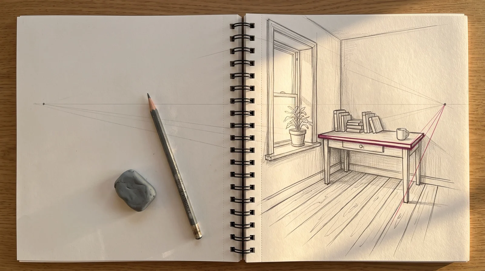 Two point perspective practice on a room corner with a desk, the receding table edges traced in pink to the vanishing point step by step drawing