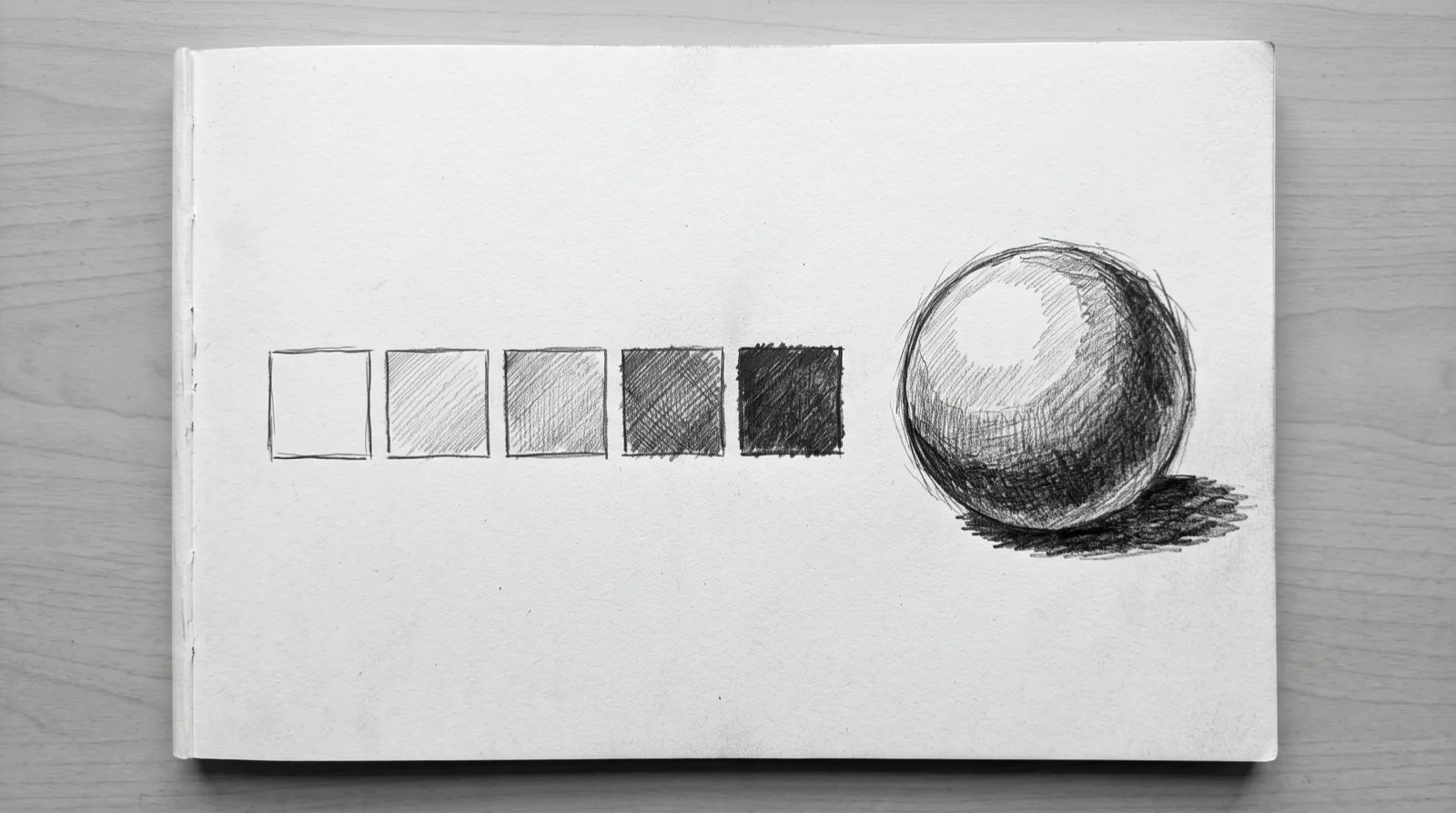 Five step graphite value scale beside a shaded sphere step by step drawing
