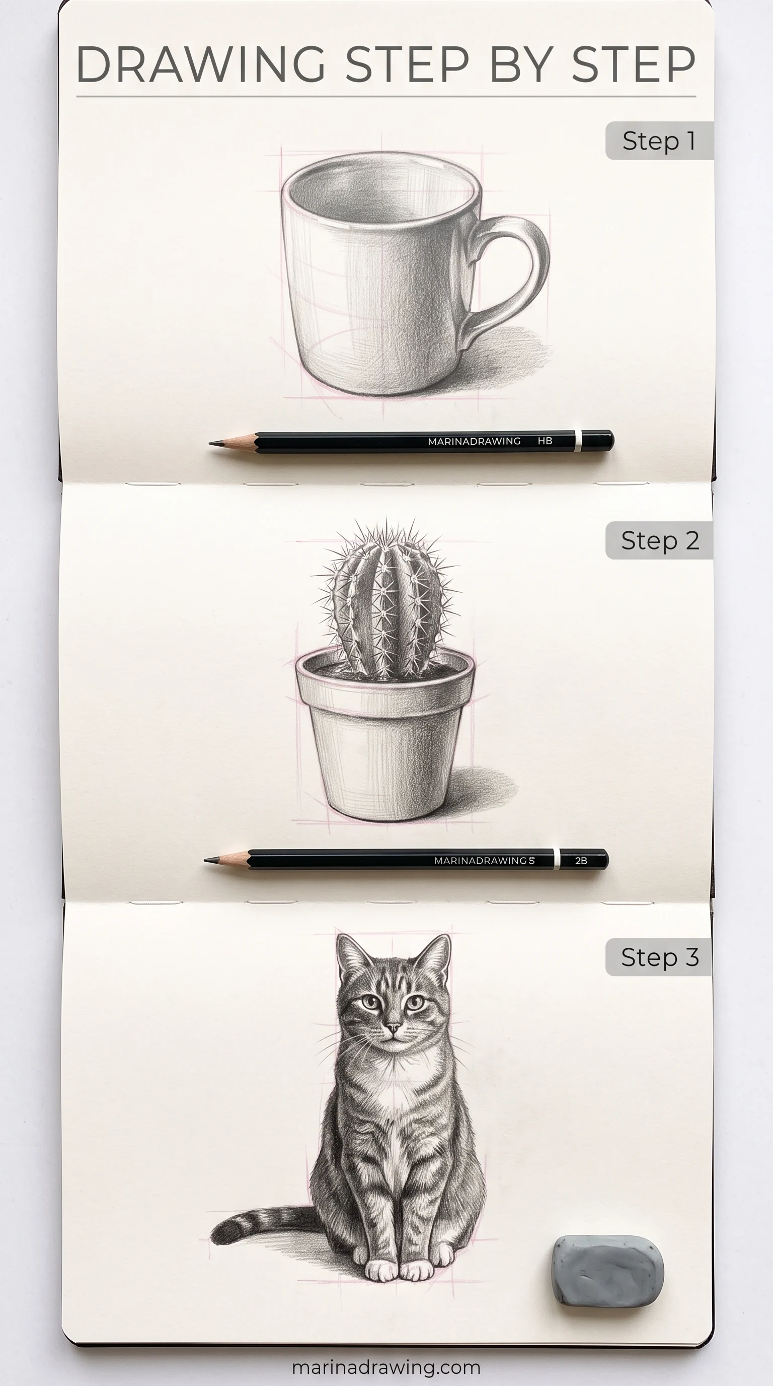 Drawing step by step: mug, cactus and cat shown as three rungs of one ladder, step by step drawing