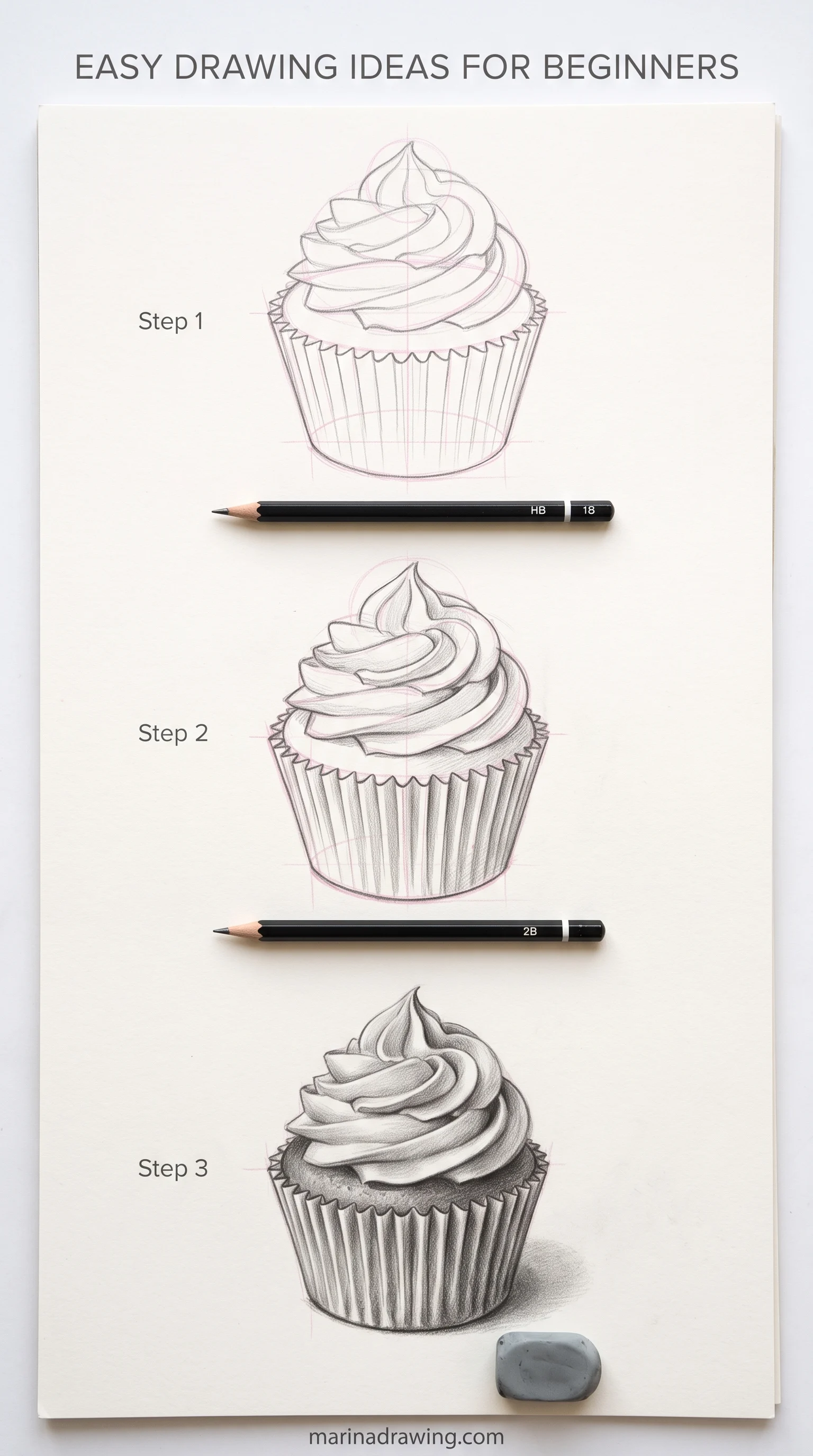 Easy drawing ideas for beginners: a cupcake with the frosting boxed into its envelope, step by step drawing