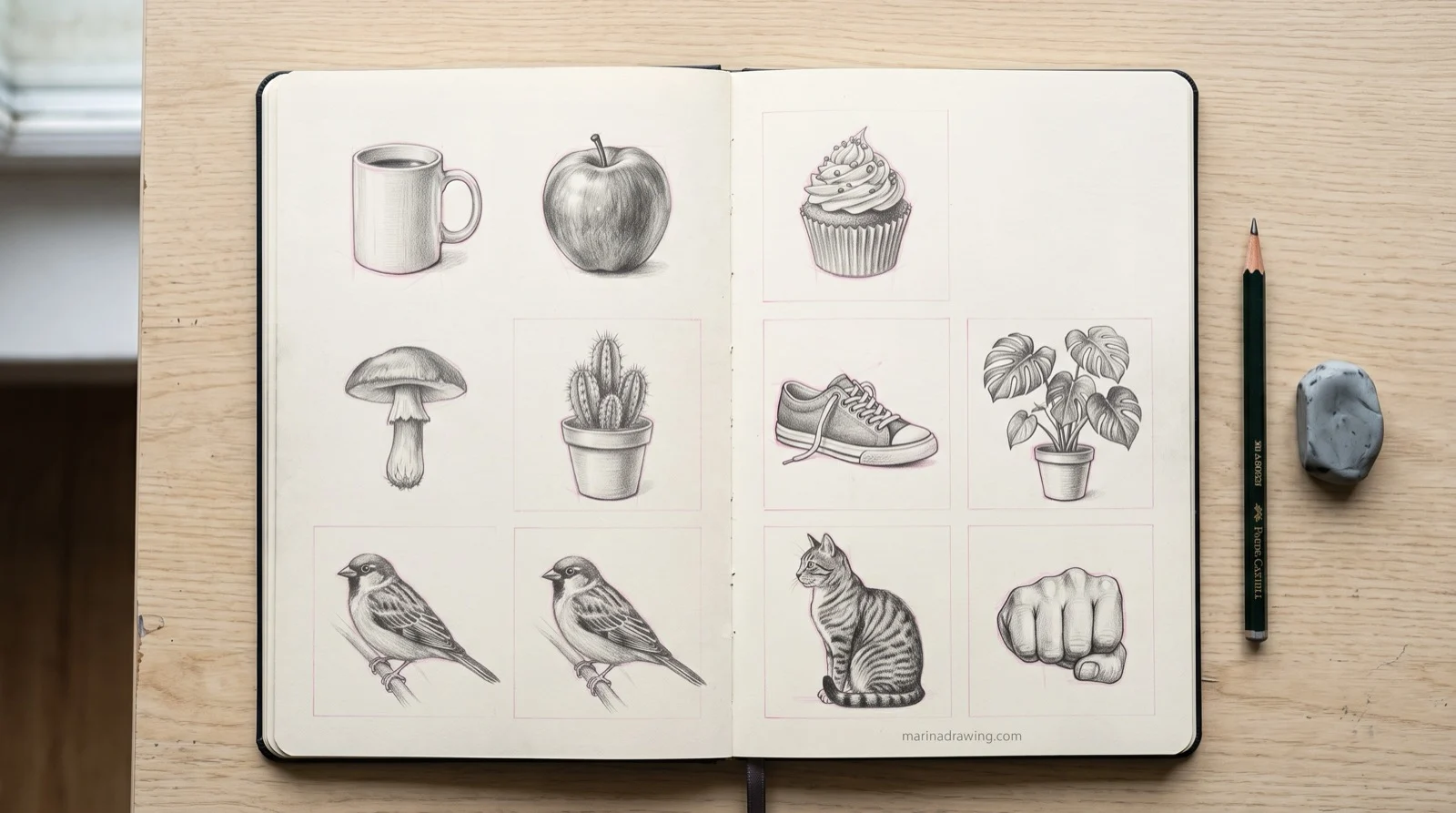 Ten easy drawings for beginners in a sketchbook, mug apple cactus cat and more, step by step drawing