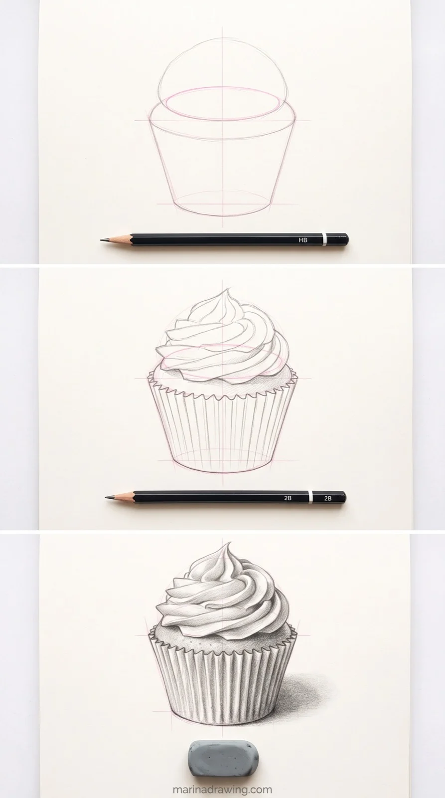 Easy cupcake drawing for beginners in three steps from paper case to swirled frosting step by step drawing