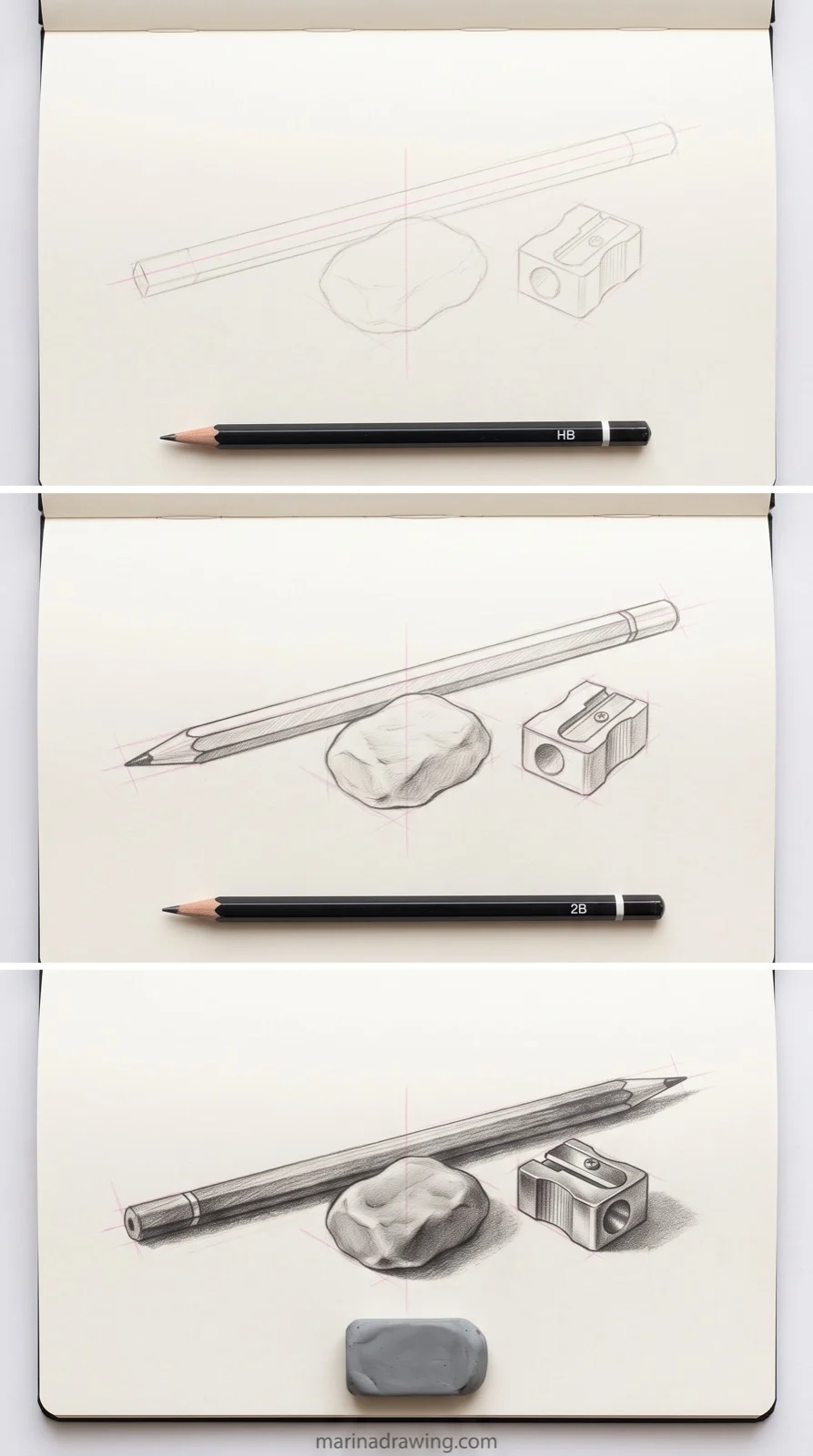 Pencil, kneaded eraser and sharpener drawn in three steps with HB and 2B pencils step by step drawing