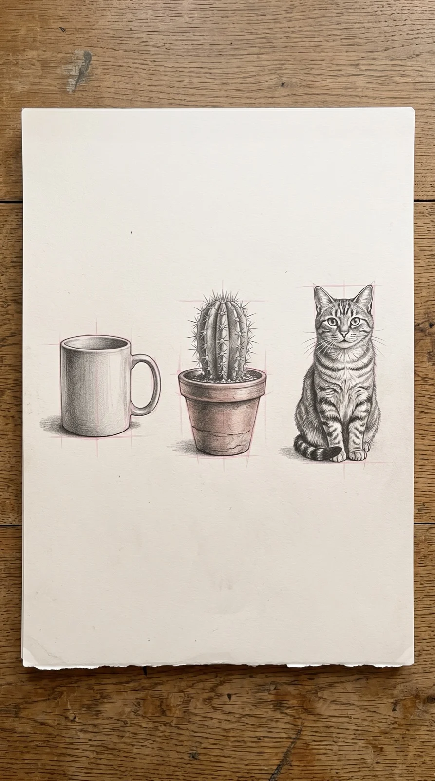 Mug, cactus and cat drawn in order of difficulty for beginners step by step drawing